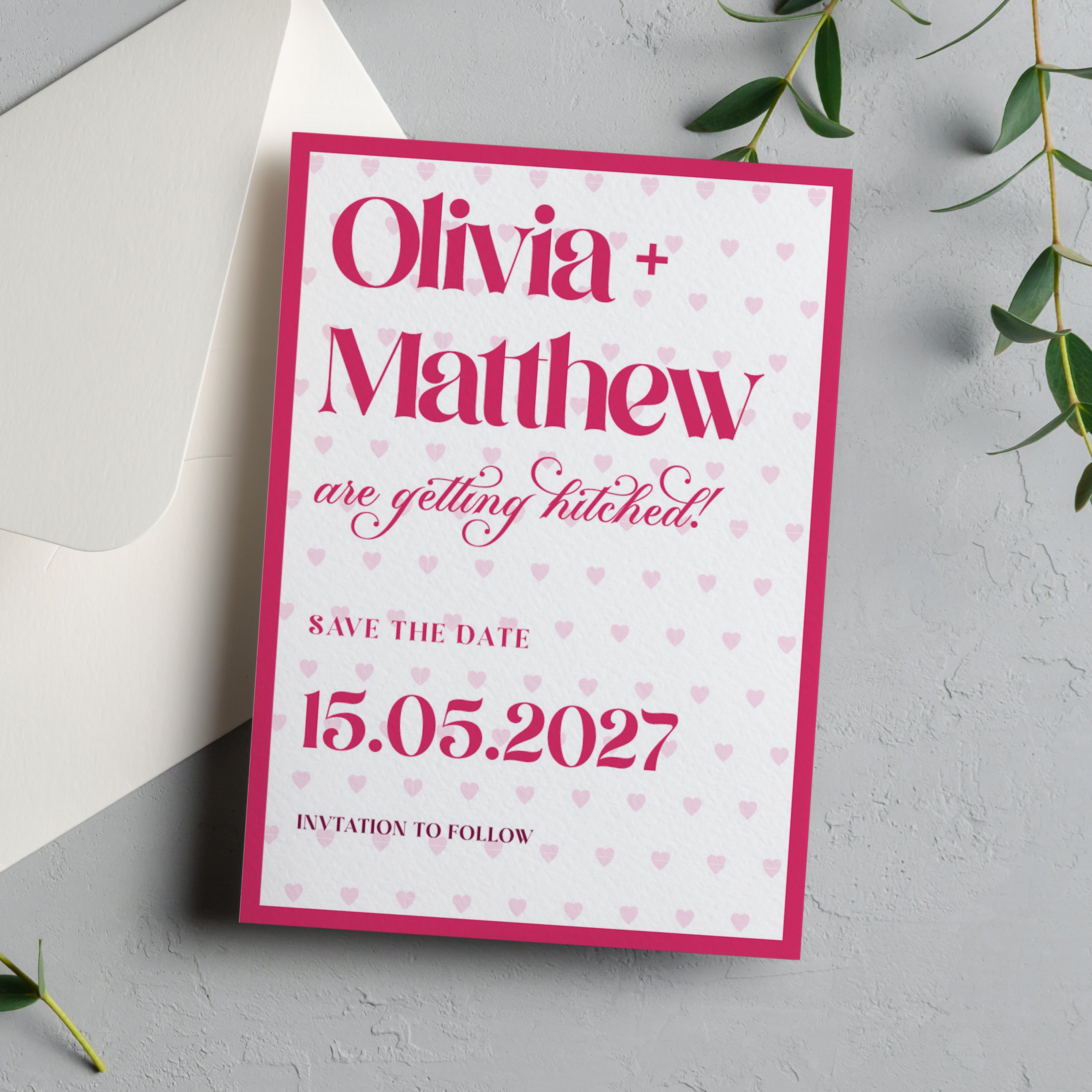 Pink Hearts Save the Date Cards
