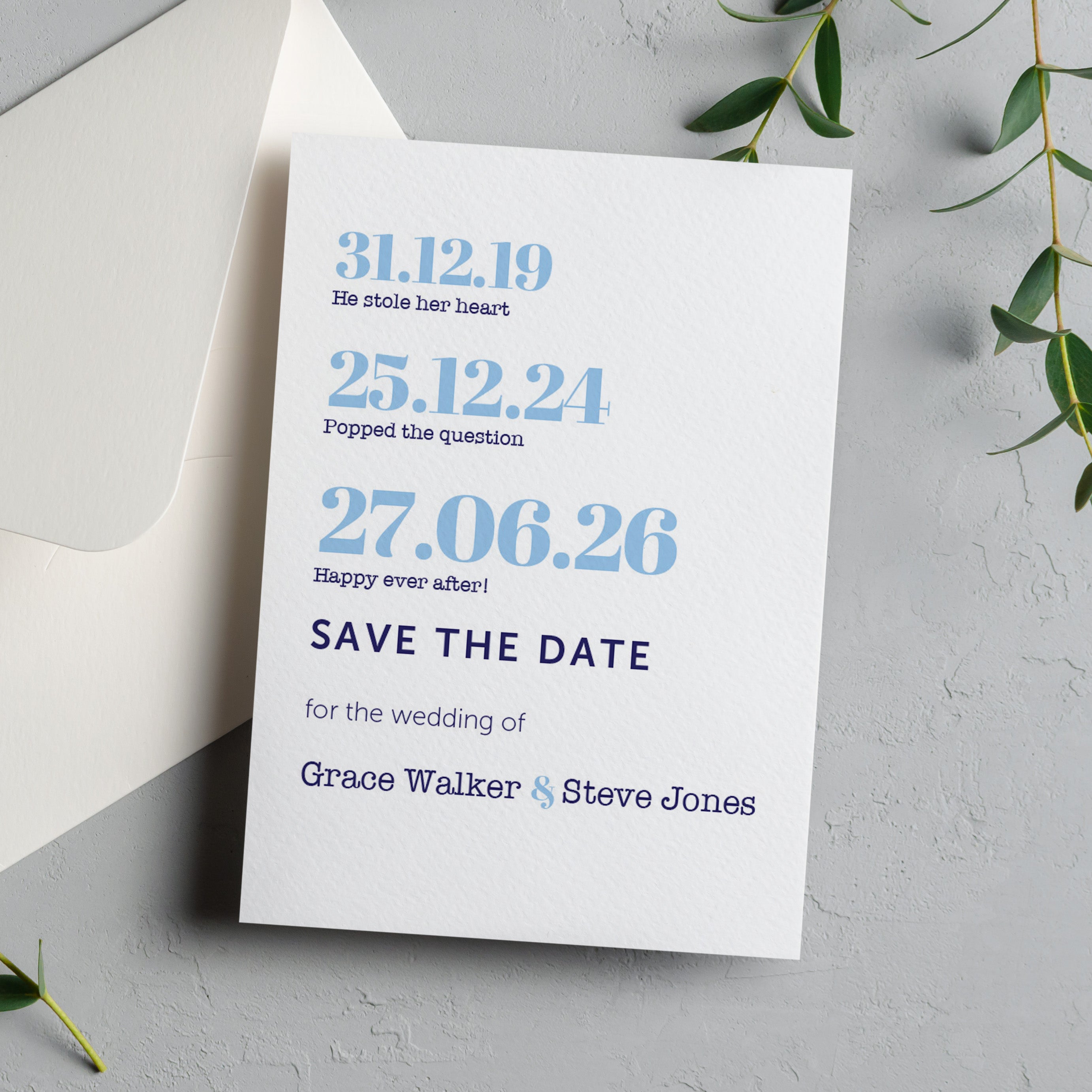Blue Typographic Save the Date Cards