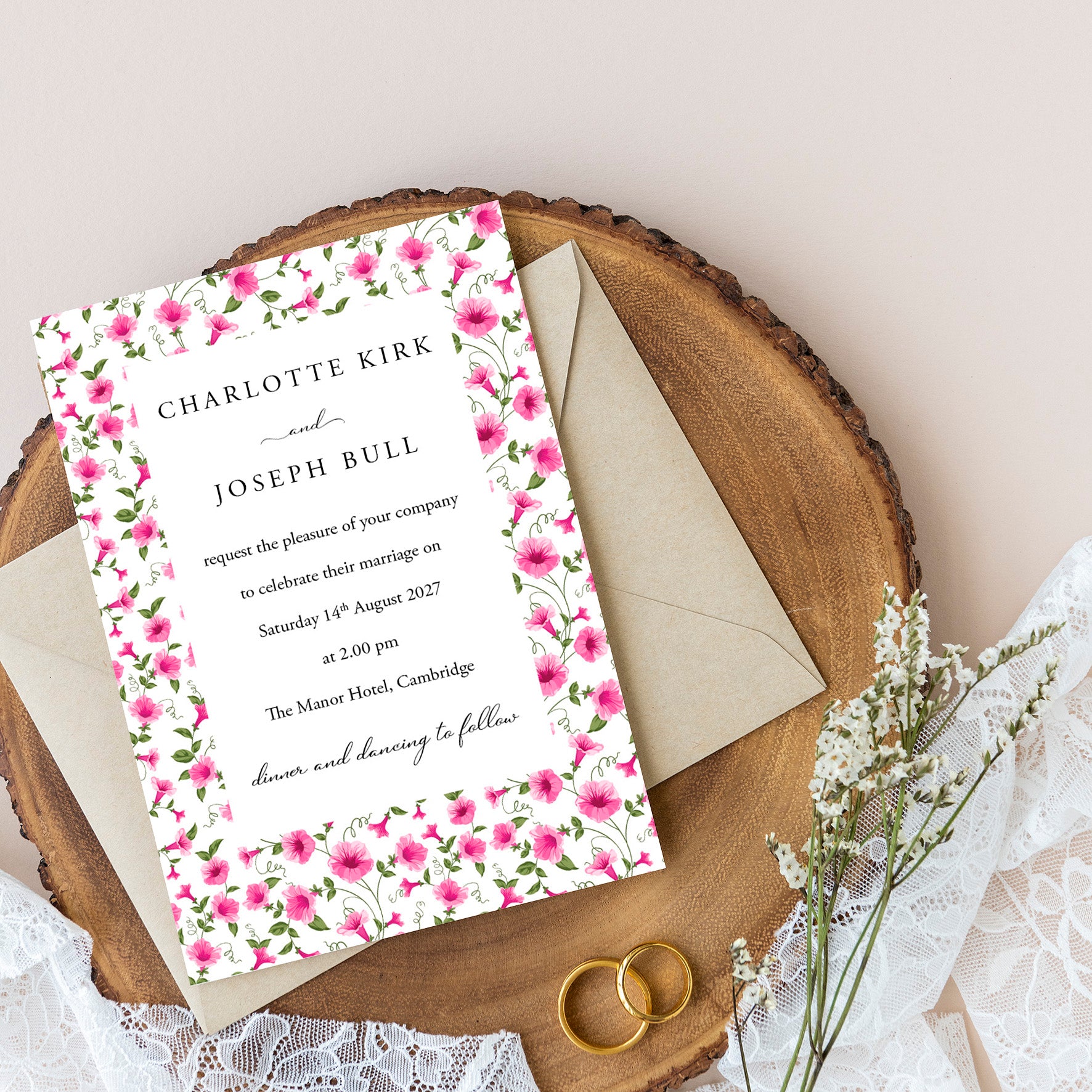 Elegant Pink Floral Wedding Invitation