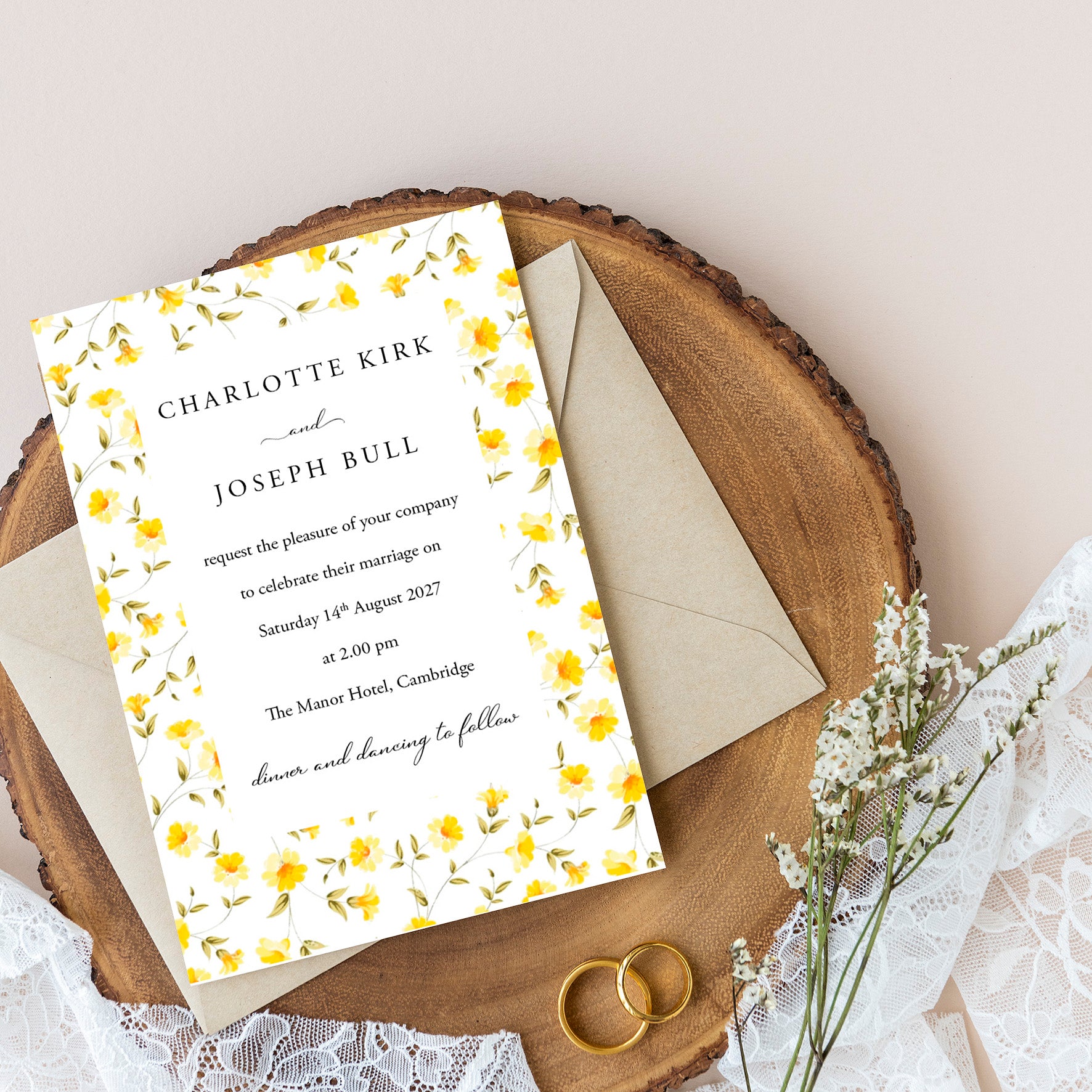 Elegant Butter Yellow Floral Wedding Invitation