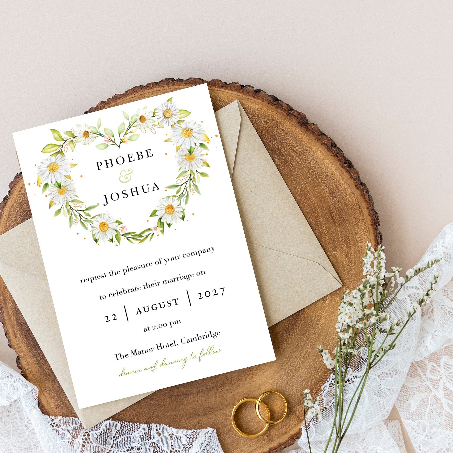 Daisy Floral Heart Classic Wedding Invitation