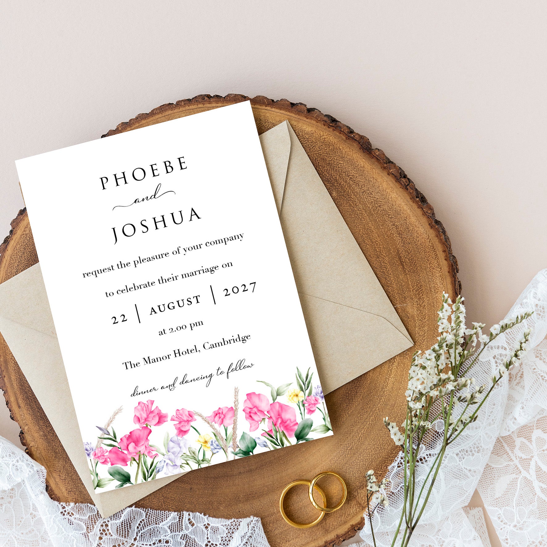 Fushia Pink Floral Classic Wedding Invitation