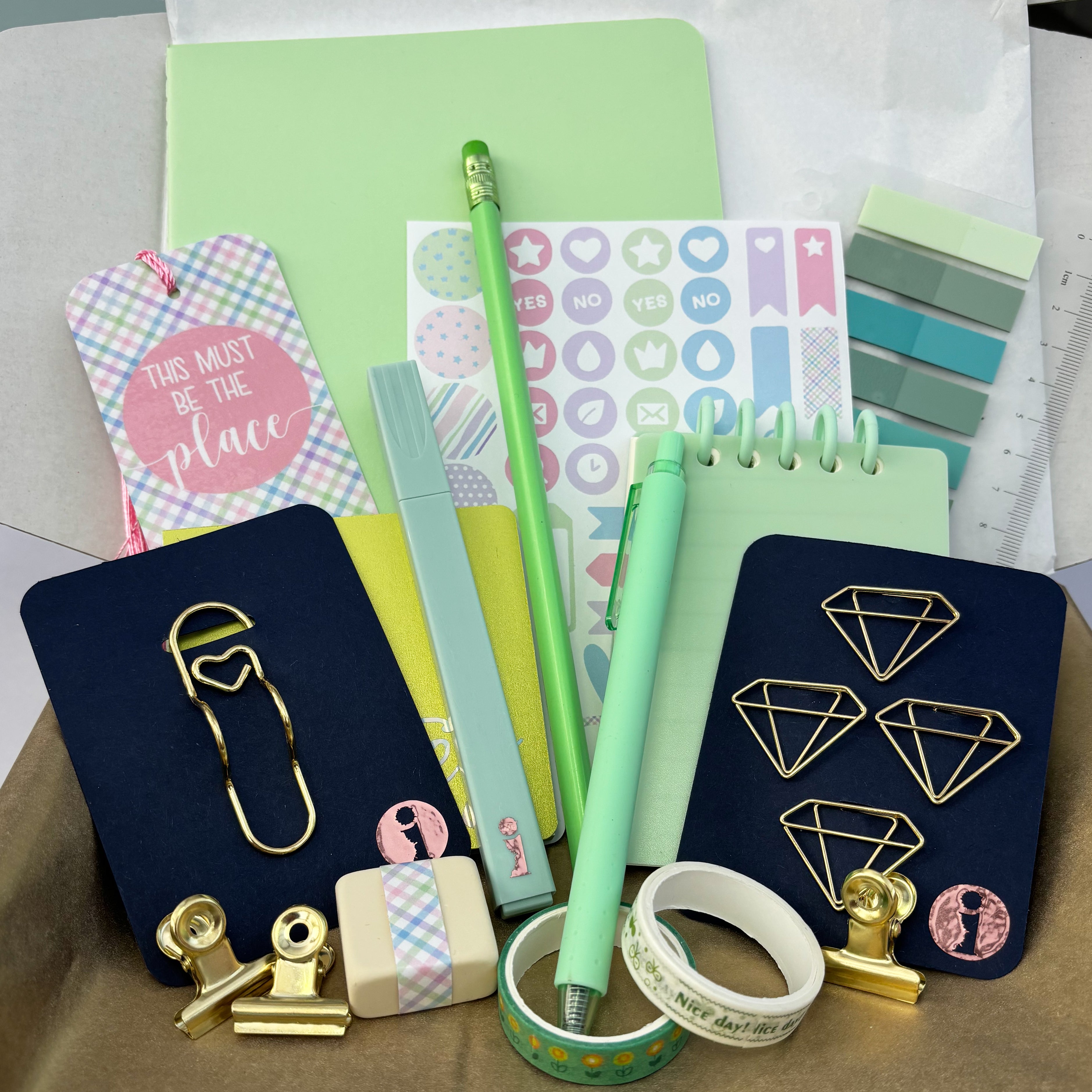Stationery Gift Box collated in tones of Green and Gold
