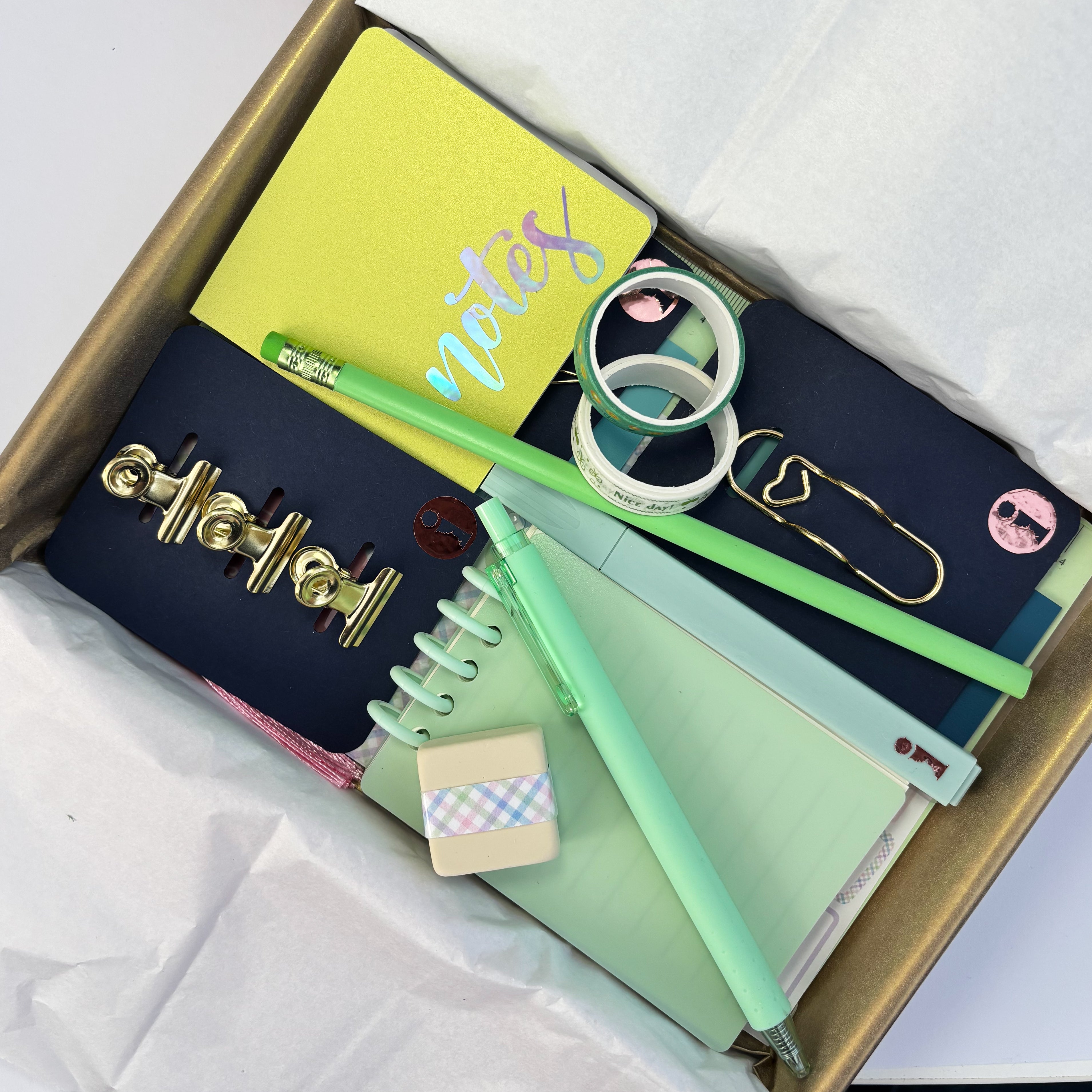 Stationery Gift Box collated in tones of Green and Gold