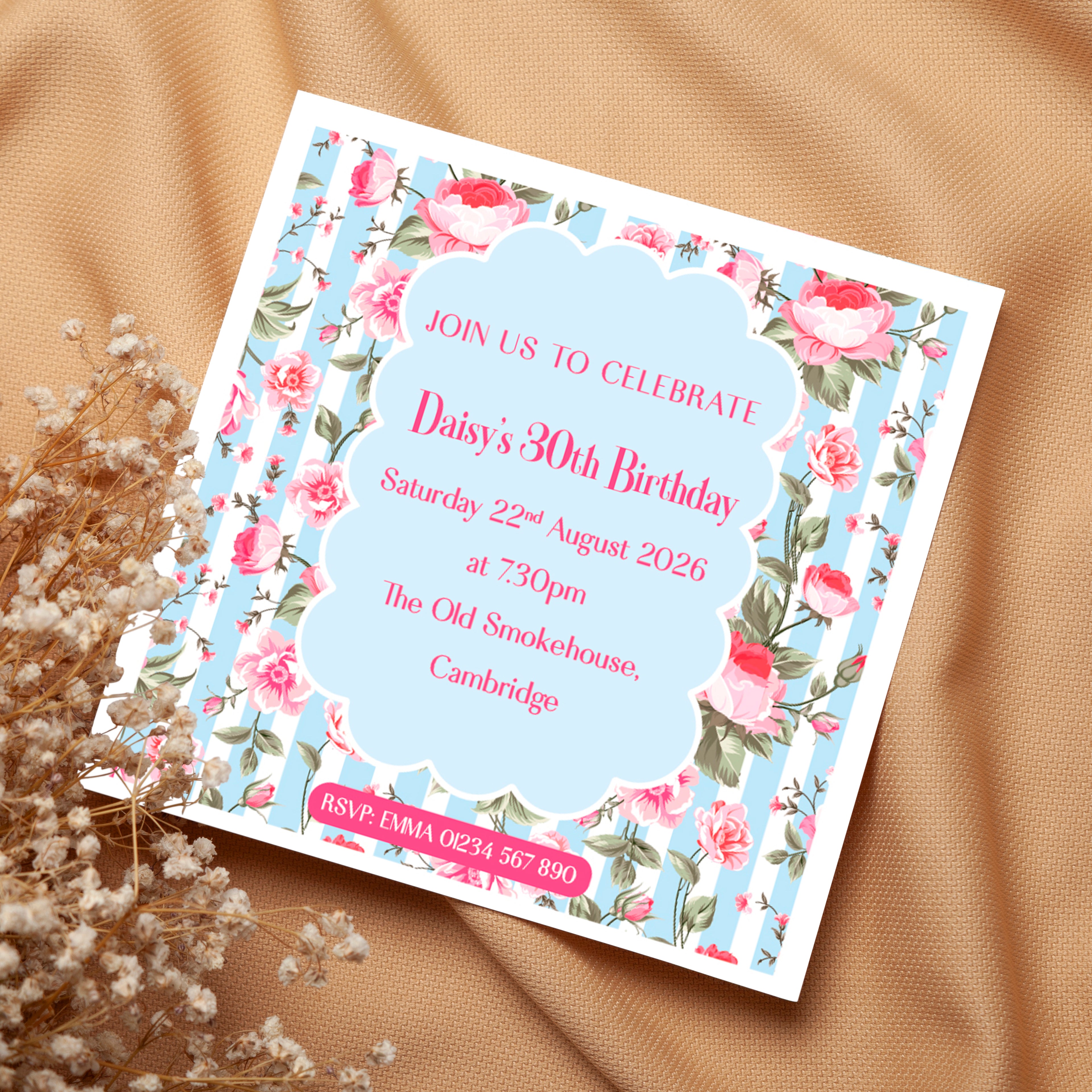 Floral Stripes Birthday invite