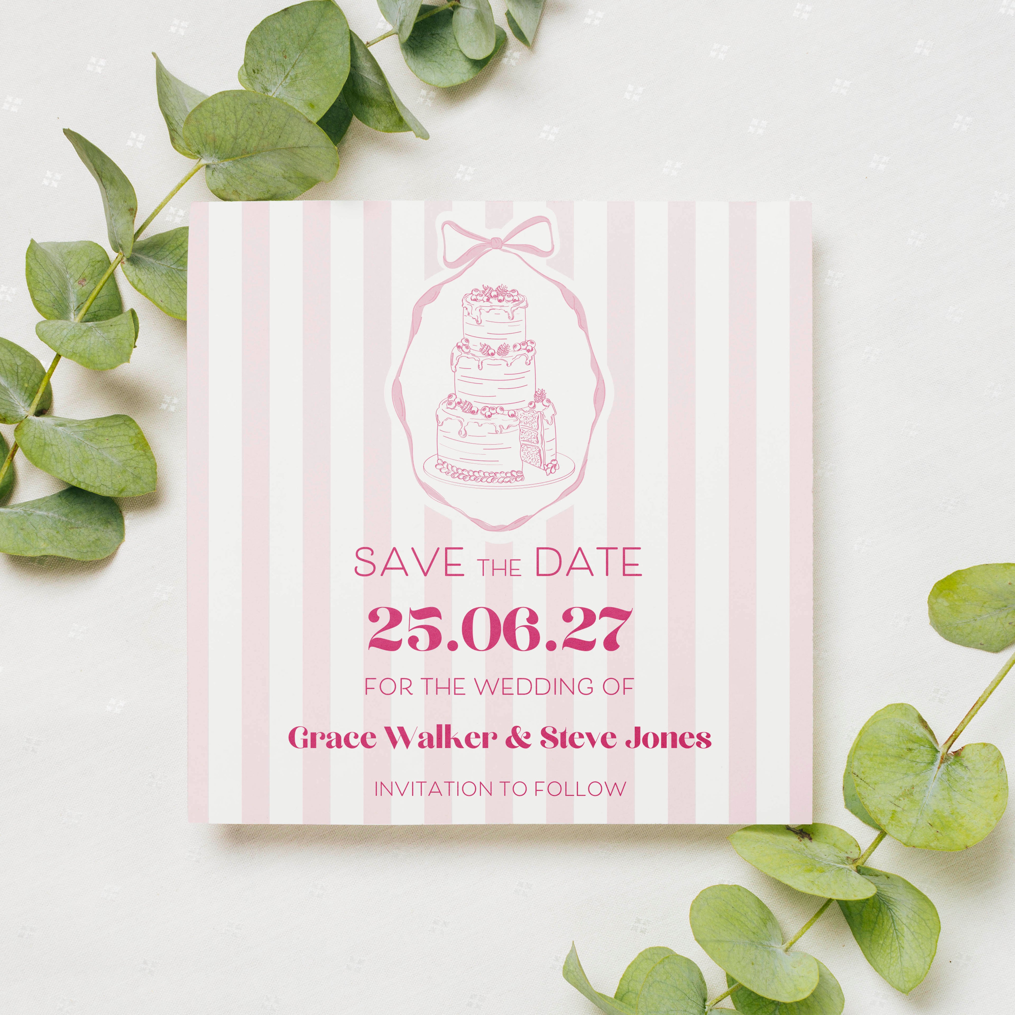 Pink & Red Wedding Cake Save the Date Cards