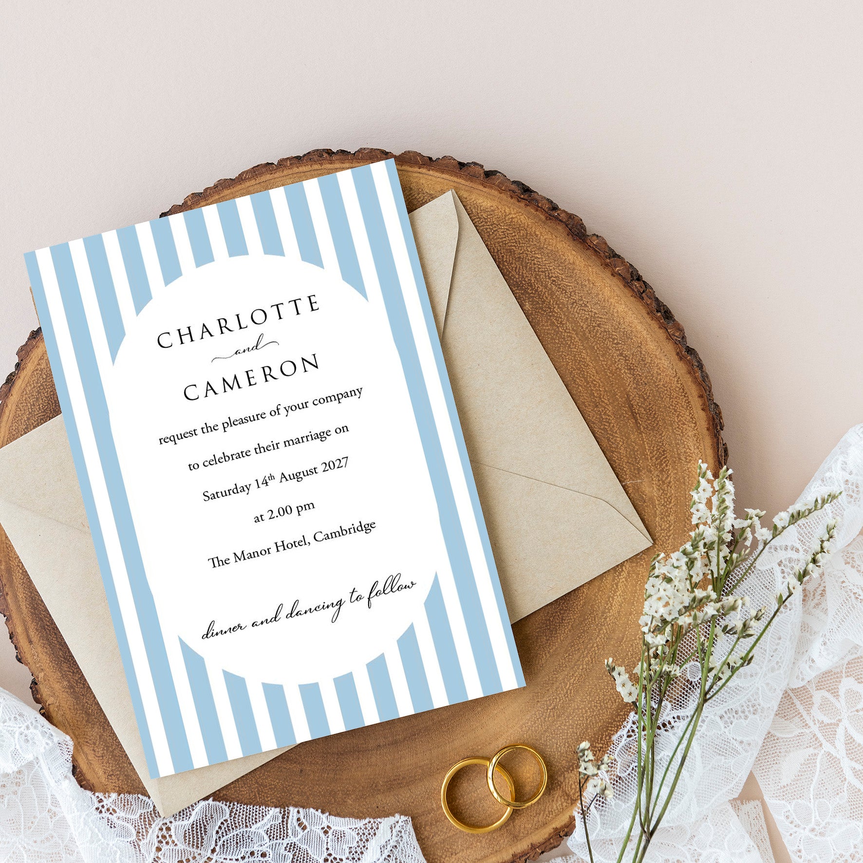 Elegant Blue Striped Wedding Invitation