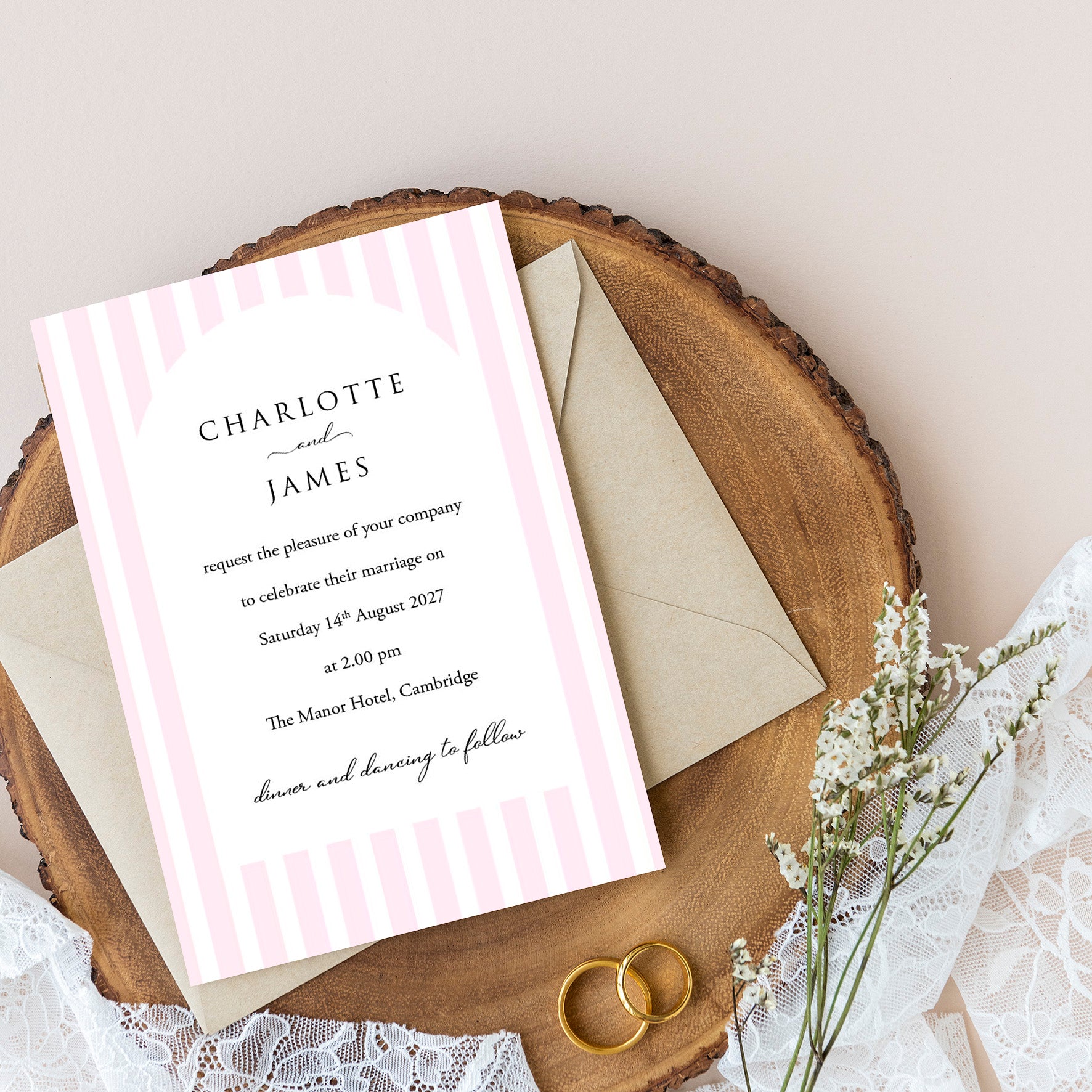 Elegant Pink Striped Wedding Invitation