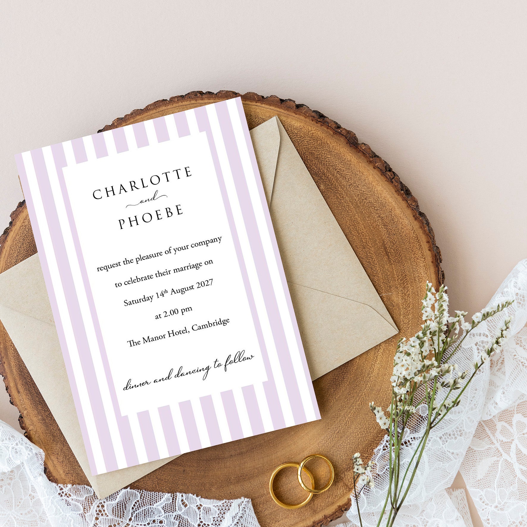 Elegant Lilac Striped Wedding Invitation